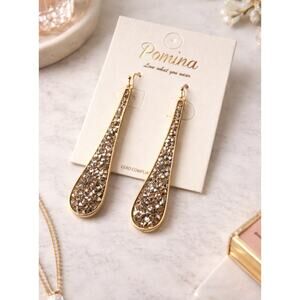 Pomina Gold Long Tear Drop Glitter Earrings New